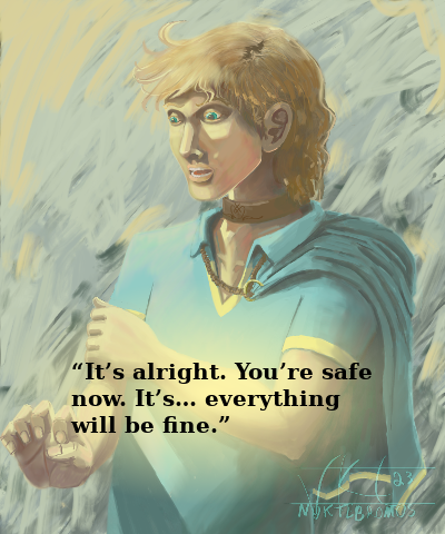 Image of Mattin Brenson from The Bargain. White skinned human with short blond hair and blue eyes. He's wearing a leather collar and a light blue shirt with yellow accents. He stares off to the left with wide, hooded eyes, one arm held across his chest, the other hand held out as if rejecting or pushing away something. Text: “It's alright. You're safe now. It's... everything will be fine.”