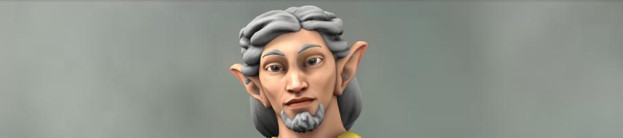 3d render of Lord Falthro. Pale skinned fae male with gray hair pulled back in a braid and a goatee. He looks serene, but if you look closely you can see bags under his eyes and a faint gauntness. Made with HeroForge