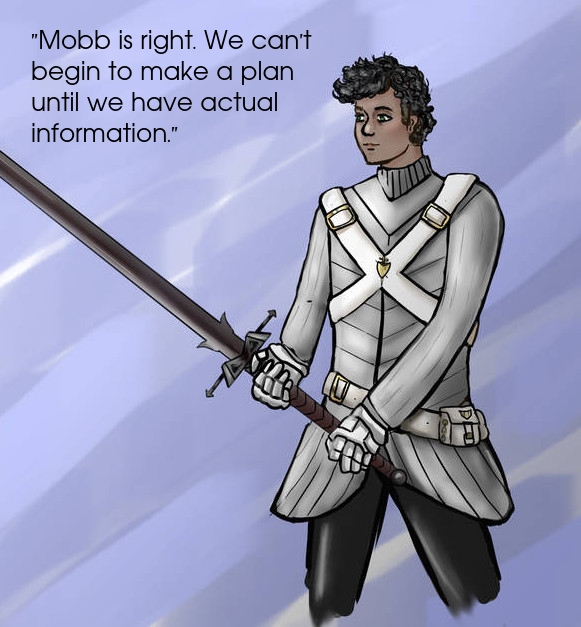 Pic of Quickmoon from Mighty Hero Force Epsilon:  Androgynous person with light brown skin, dark coiled hair, and green eyes in 'uniform' based on modified HEMA protective gear (long padded shirt, gauntlets, etc) holding great sword/spadone in a low guard position.) Also wears x-shaped white harness with small golden shield in the center and white belt.

Text: "Mobb is right. We can't begin to make a plan until we have actual information."