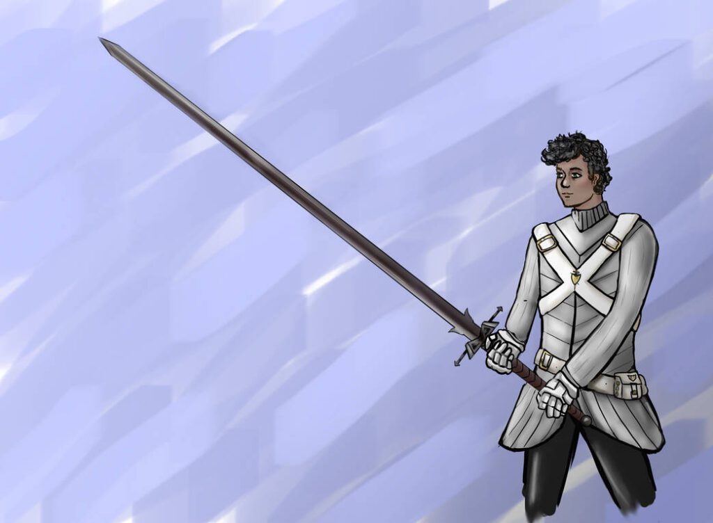 Pic of Quickmoon from Mighty Hero Force Epsilon:  Androgynous person with light brown skin, dark coiled hair, and green eyes in 'uniform' based on modified HEMA protective gear (long padded shirt, gauntlets, etc) holding great sword/spadone in a low guard position.) Also wears x-shaped white harness with small golden shield in the center and white belt.
