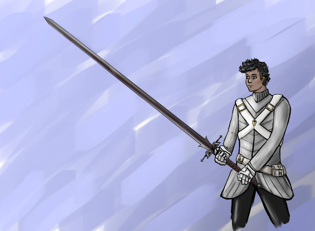 Pic of Quickmoon from Mighty Hero Force Epsilon: Androgynous person with light brown skin, dark coiled hair, and green eyes in 'uniform' based on modified HEMA protective gear (long padded shirt, gauntlets, etc) holding great sword/spadone in a low guard position.) Also wears x-shaped white harness with small golden shield in the center and white belt.