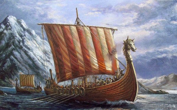 Painting of a dragon-headed ship. Another longship sails in the background, following the first.