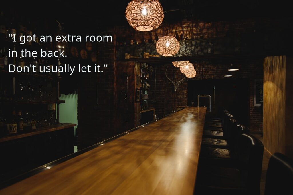 A view down a very long wood-grain bar with bar supplies on the left and several bar stools on the right. The bar is dimly lit by several overhead globe lamps. Text on the image: "I got an extra room in the back. Don't usually let it."